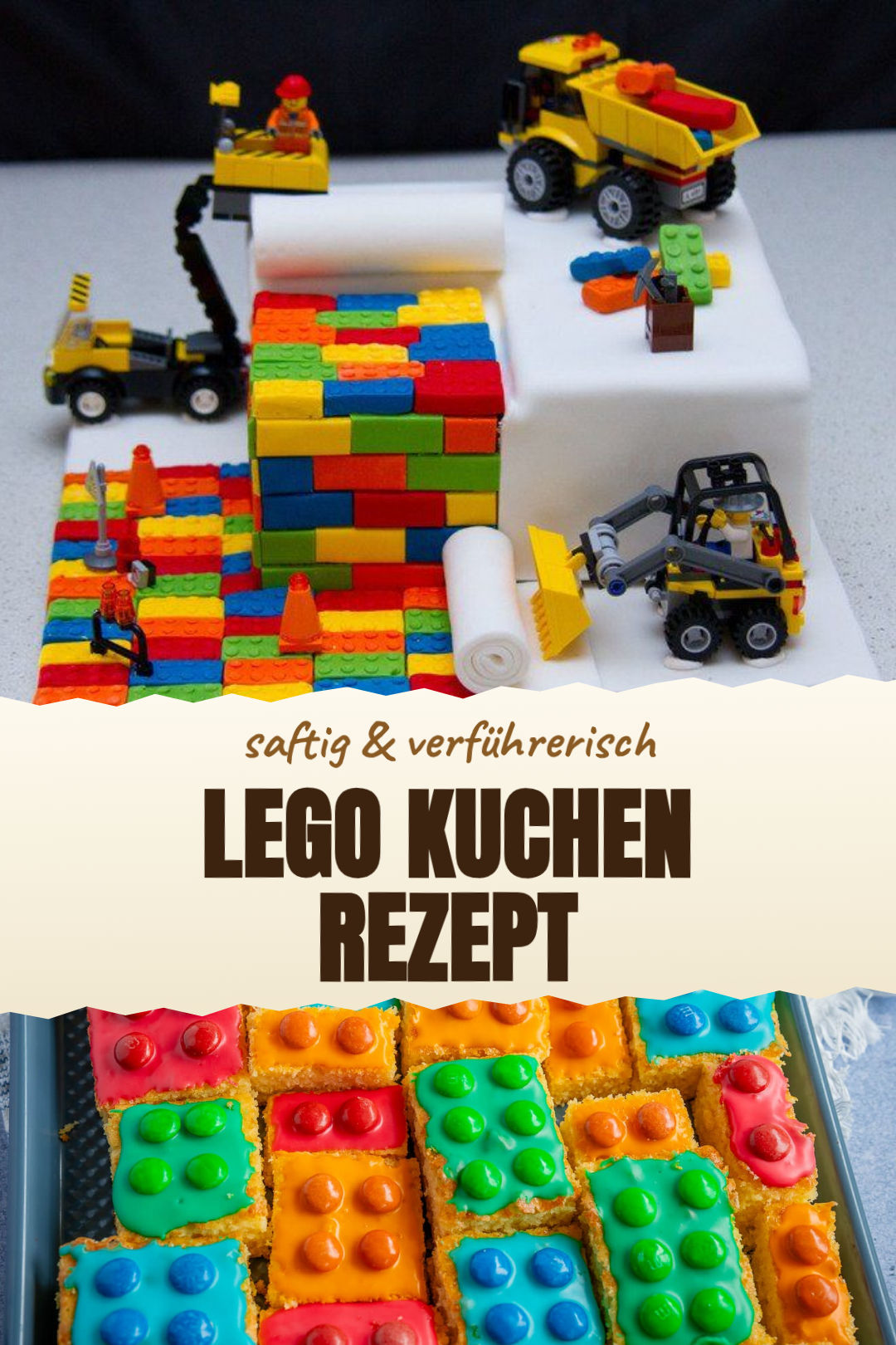 Bunter Lego-Baustein-Kuchen vom Blech als fertiges Gericht