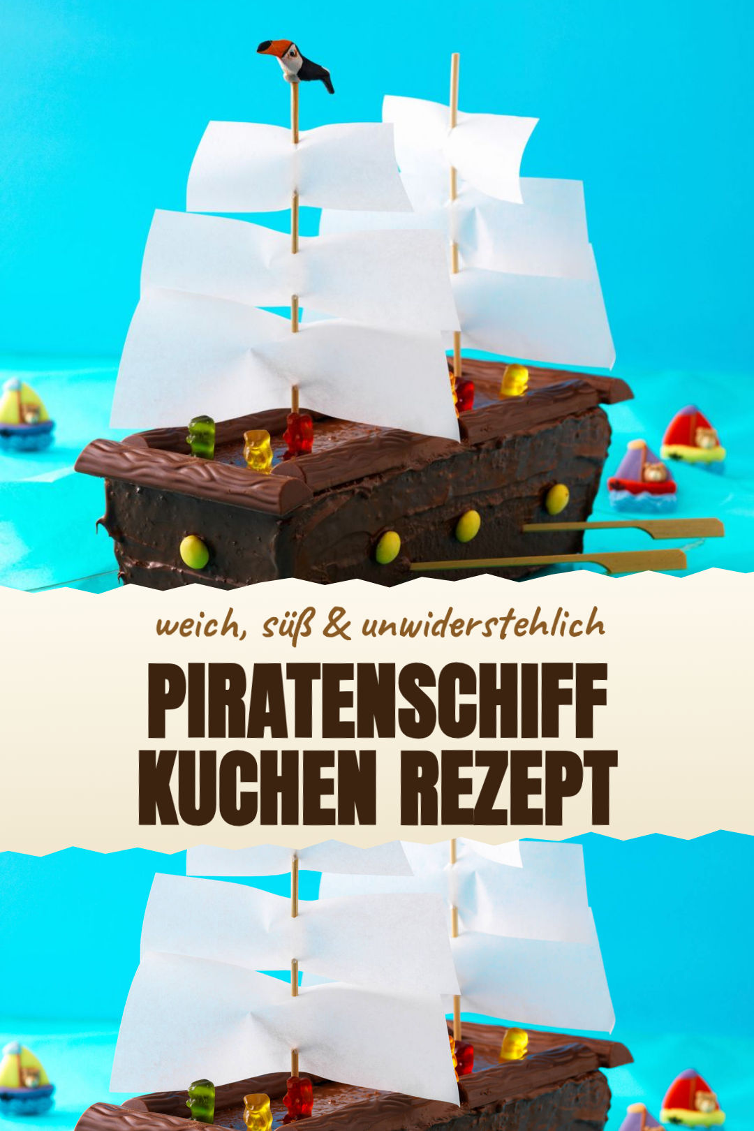 Schokoladiger Piratenschiff-Kastenkuchen mit Kekssegeln als fertiges Gericht