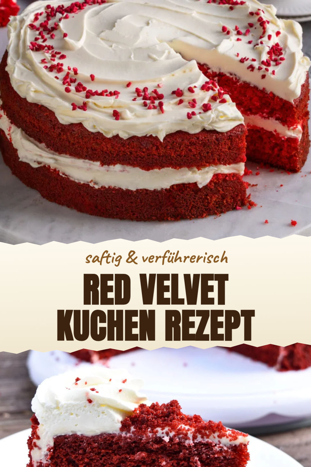 Red-Velvet-Kuchen mit mildem Frischkäse-Frosting als fertiges Gericht