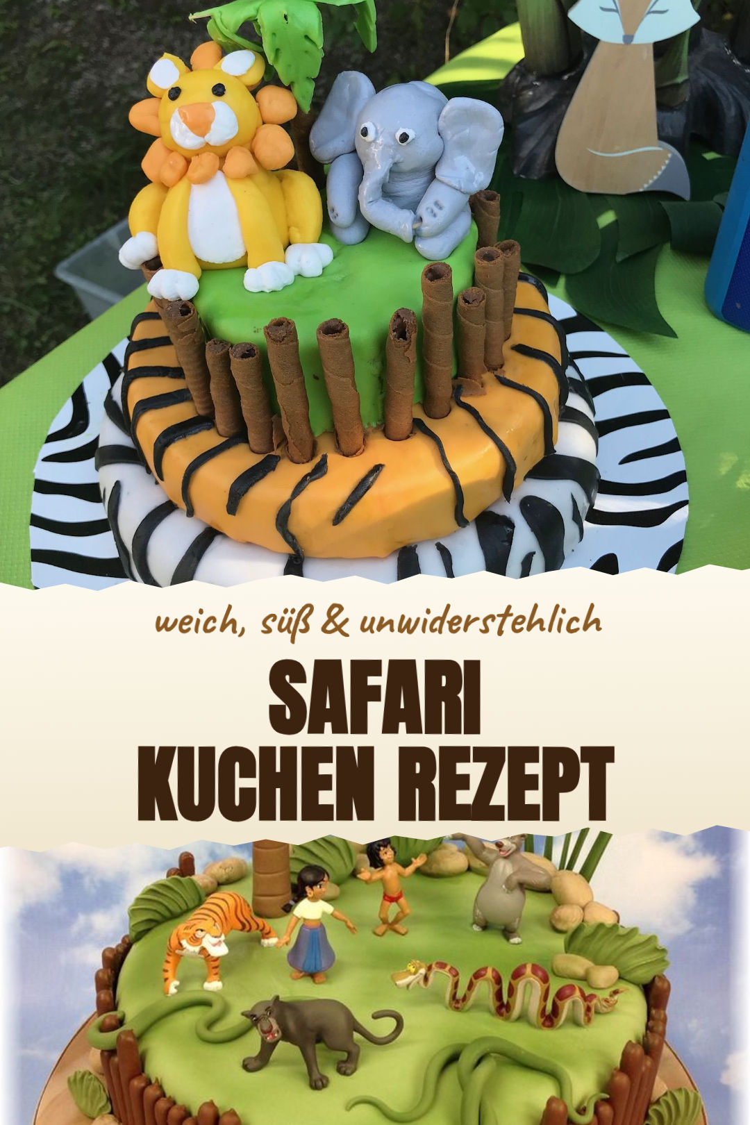 Safari-Kuchen mit Schoko-Savanne und Keks-Tieren als fertiges Gericht