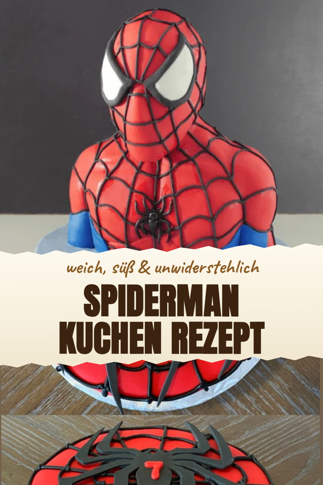 Spiderman-Kuchen mit roter Creme und Schoko-Spinnennetz als fertiges Gericht