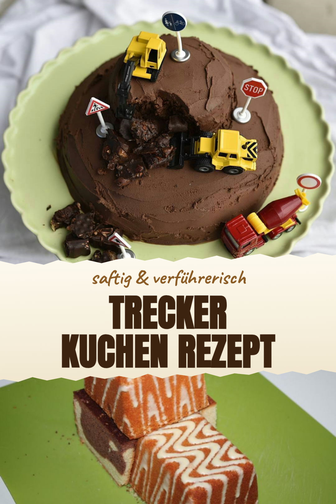 Trecker-Geburtstagskuchen aus zwei Schokoladen-Kastenstücken als fertiges Gericht