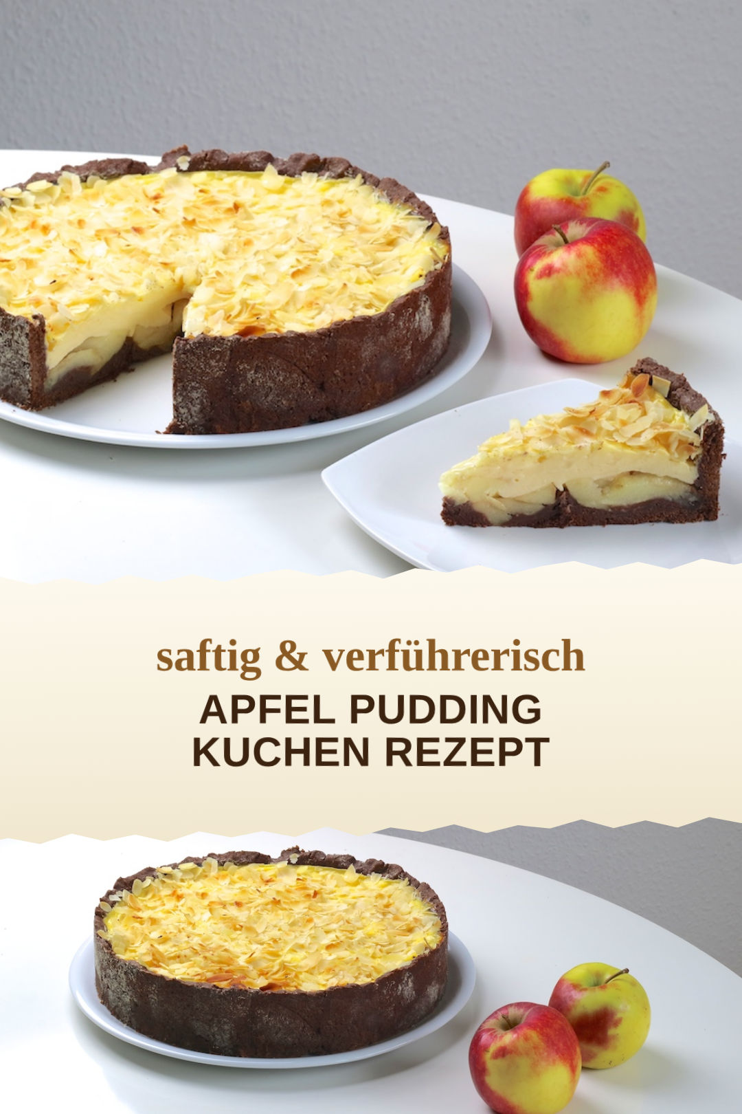 Apfel-Pudding-Kuchen mit Mürbeteig, selbst gemacht und servierfertig