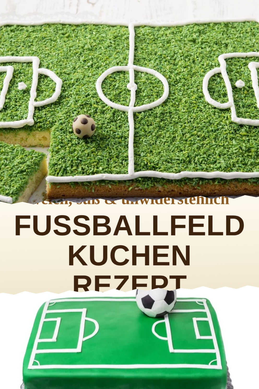 Fußballfeld-Blechkuchen mit grüner Kokoswiese, selbst gemacht und servierfertig