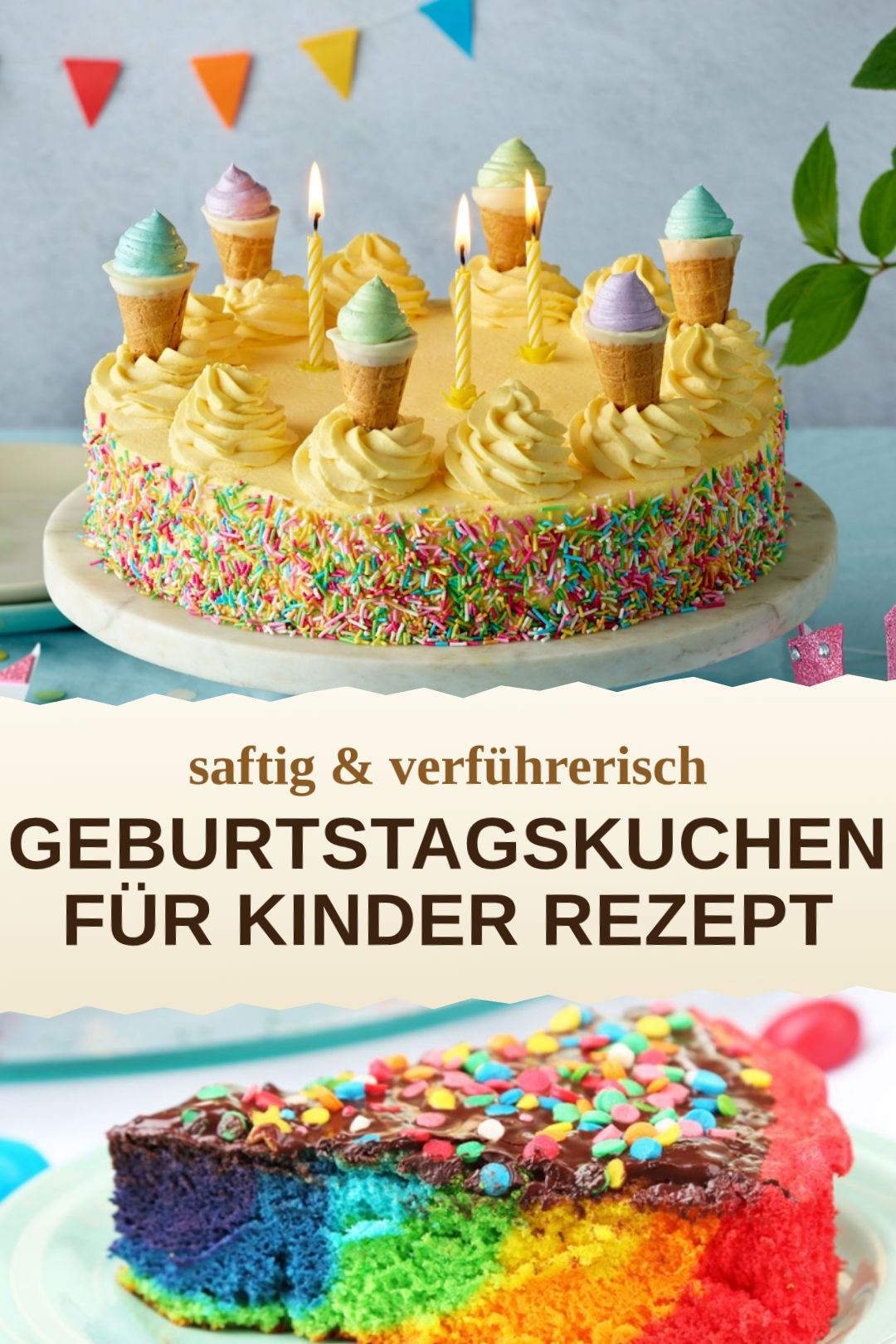 Kindergeburtstagskuchen mit Schokolade und bunten Punkten, selbst gemacht und servierfertig