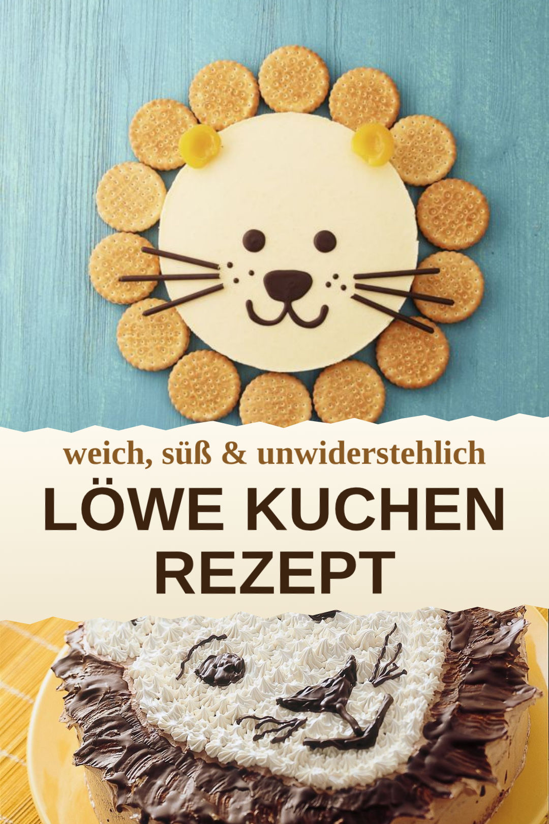 Löwenkuchen mit Keks-Mähne und Aprikosen, selbst gemacht und servierfertig
