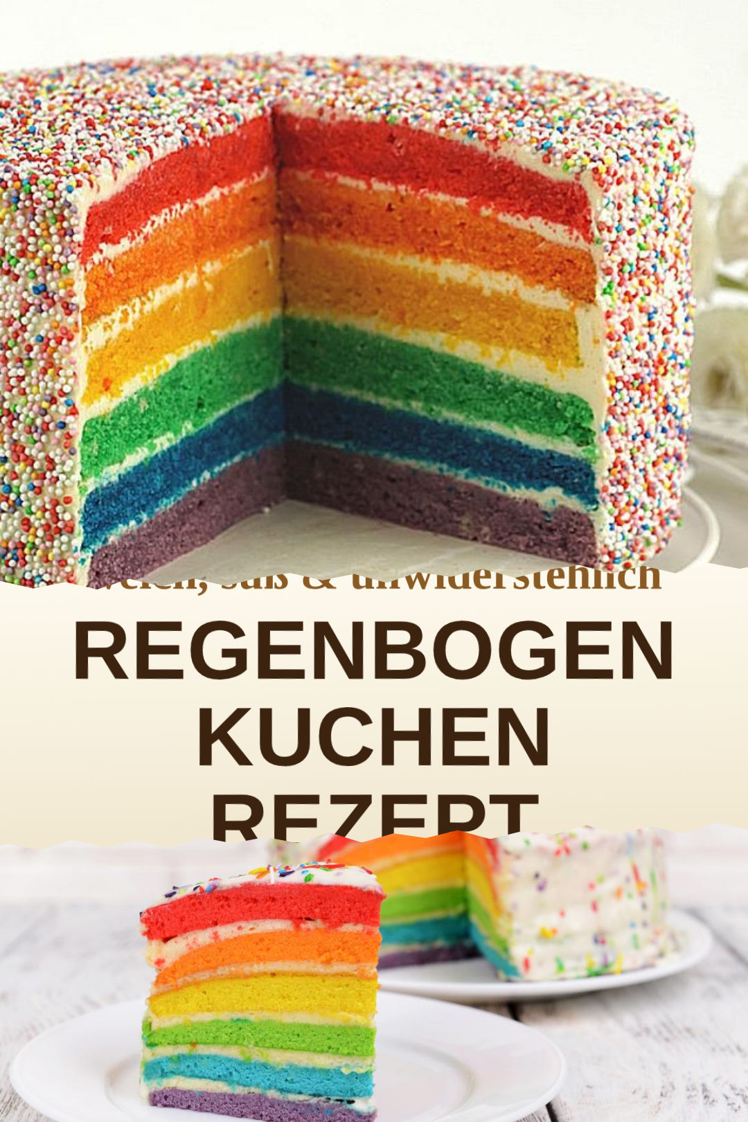 Regenbogenkuchen mit bunten Teigschichten, selbst gemacht und servierfertig