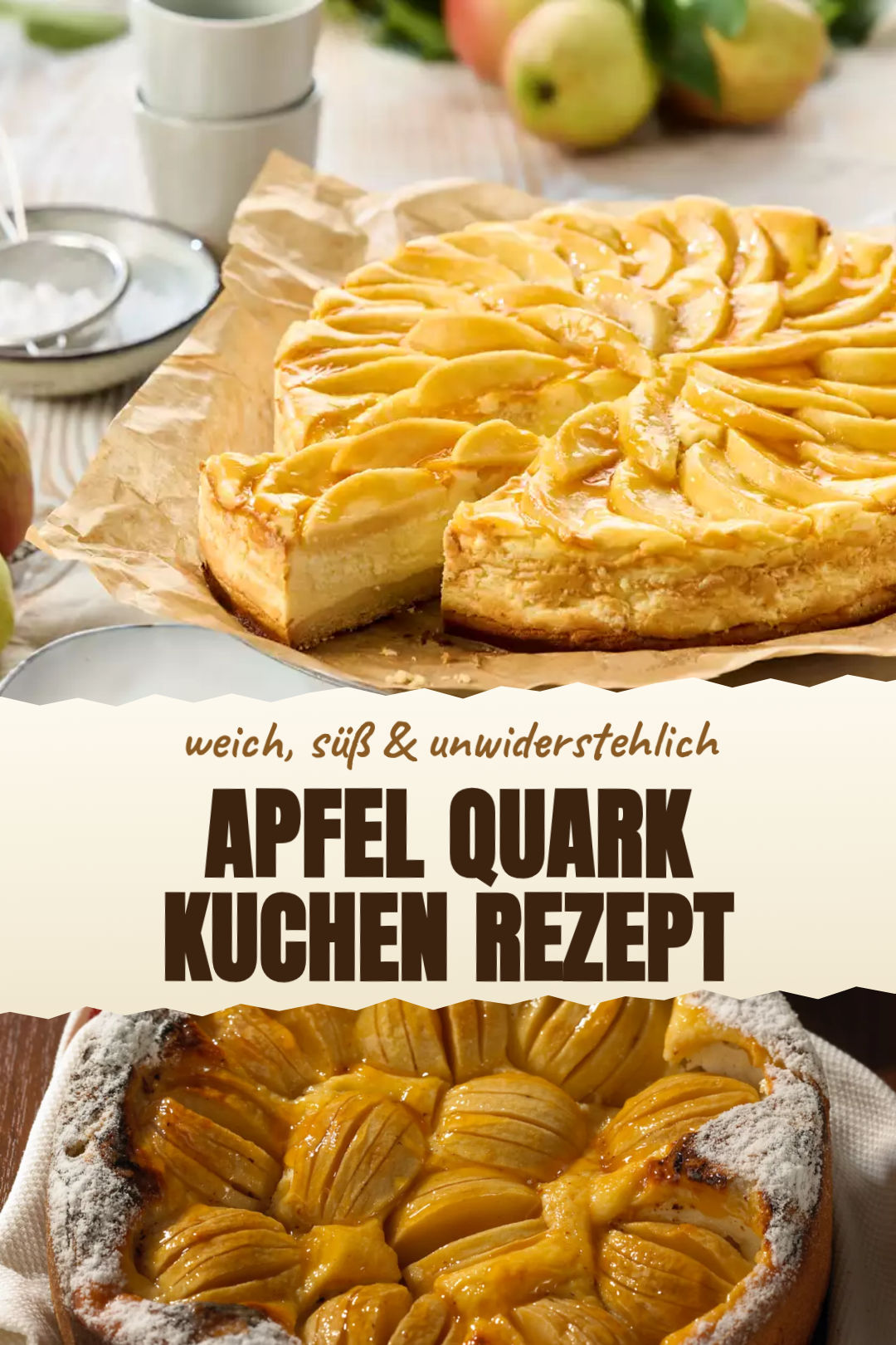 Apfel-Quark-Kuchen mit Zimtstreuseln fertig serviert