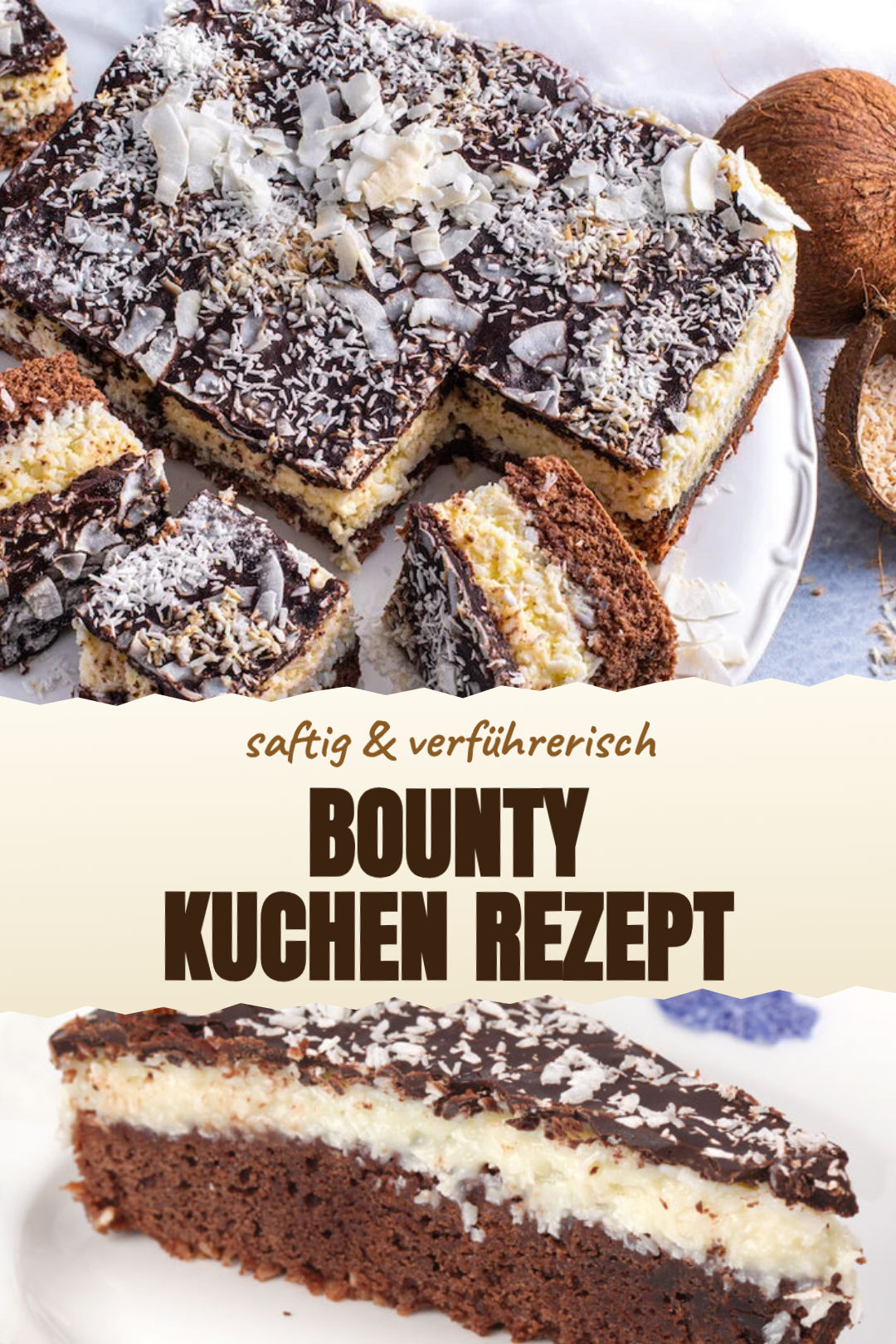 Schoko-Kokos-Blechkuchen mit zarter Kokoscreme fertig serviert