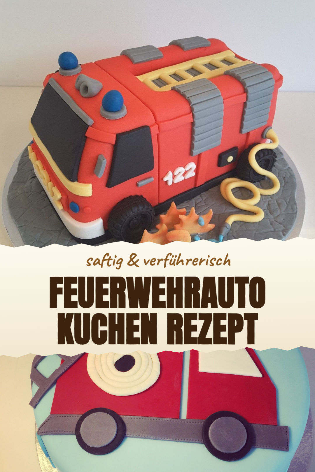 Feuerwehrauto-Kuchen aus Kastenkuchen mit roter Glasur fertig serviert