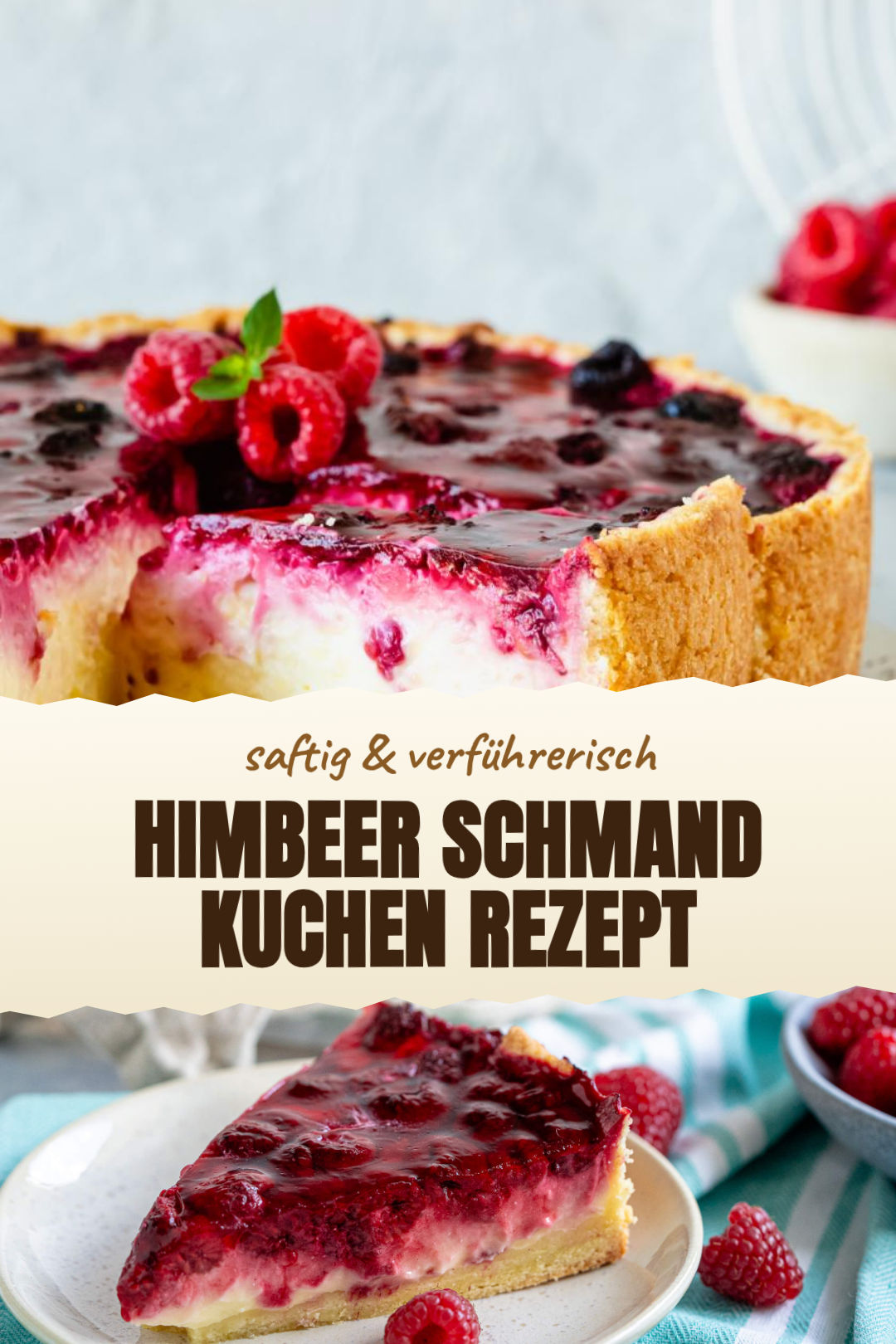 Himbeer-Schmand-Kuchen mit zartem Keksboden fertig serviert