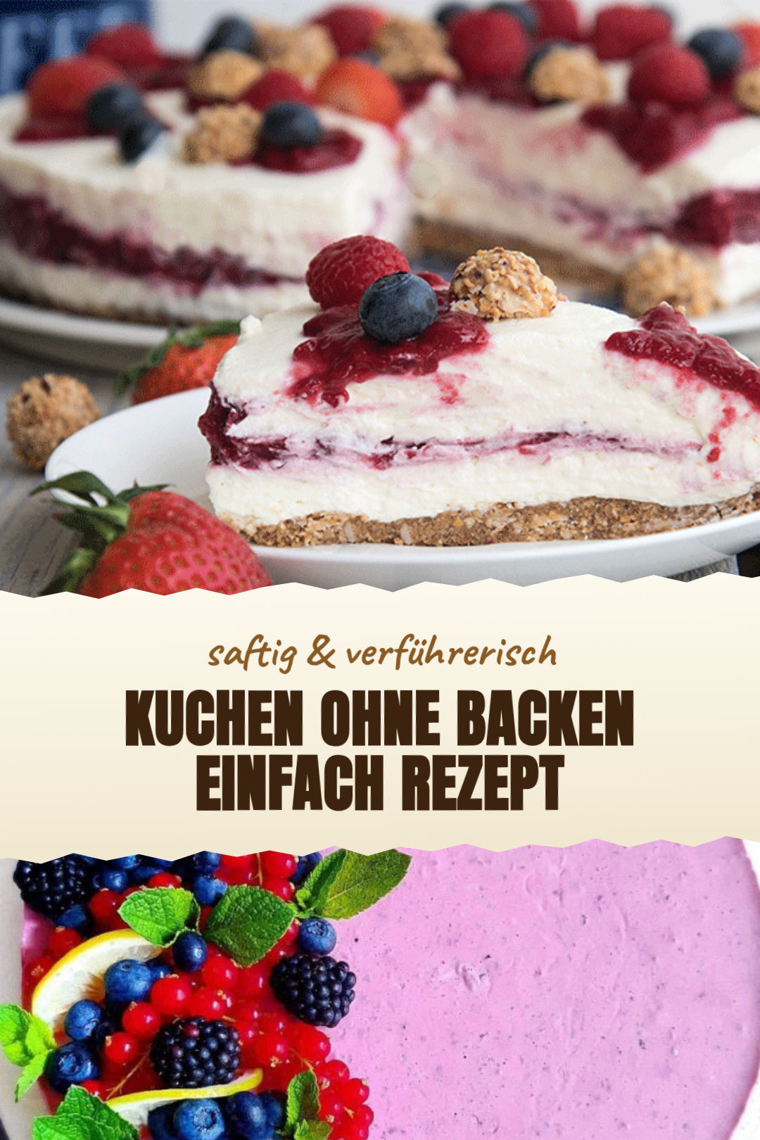 Einfacher Kuchen ohne Backen mit Zitrone und Keksboden fertig serviert