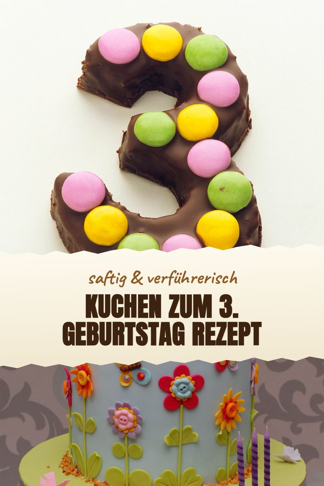 Kuchen zum dritten Geburtstag als bunte Zahl Drei fertig serviert