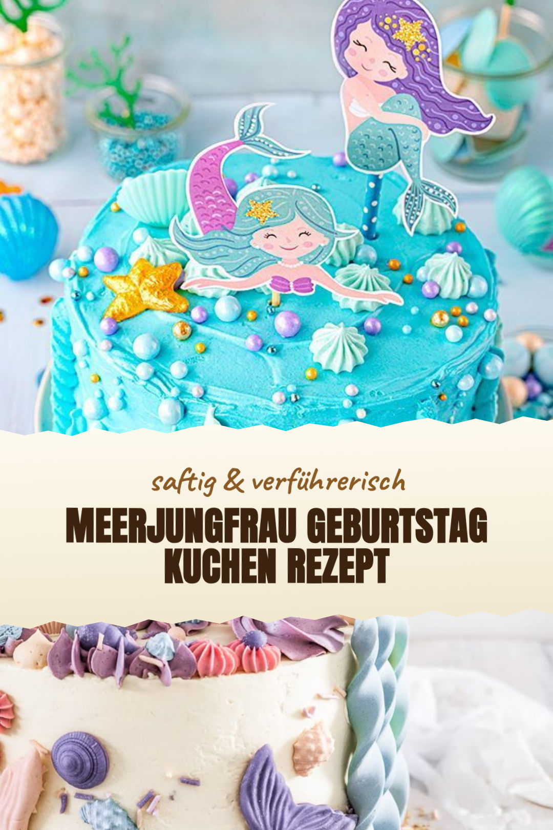 Meerjungfrau-Geburtstagskuchen mit türkisfarbener Creme fertig serviert