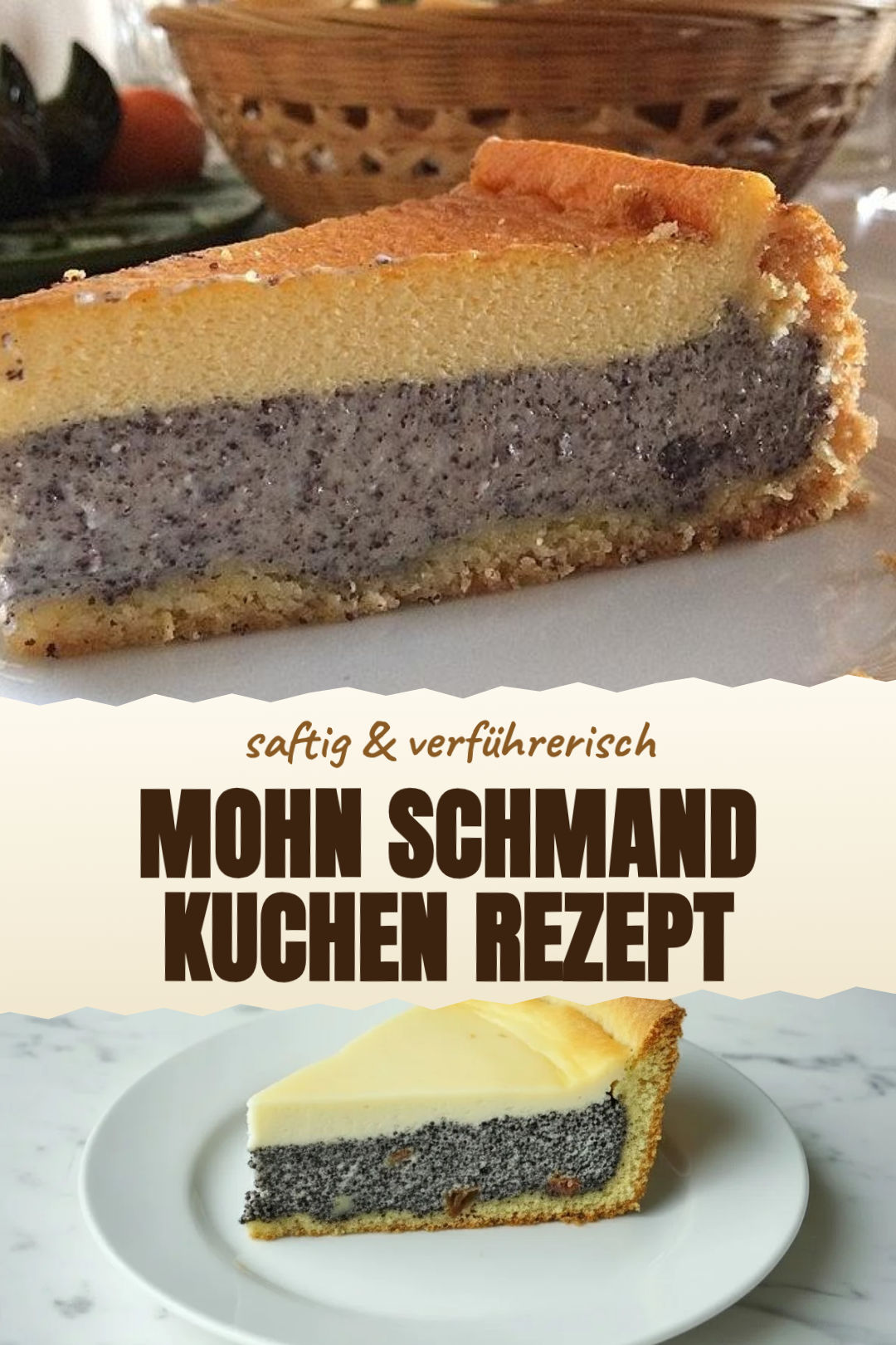 Mohn-Schmand-Kuchen mit Kirschen und Streuseln fertig serviert