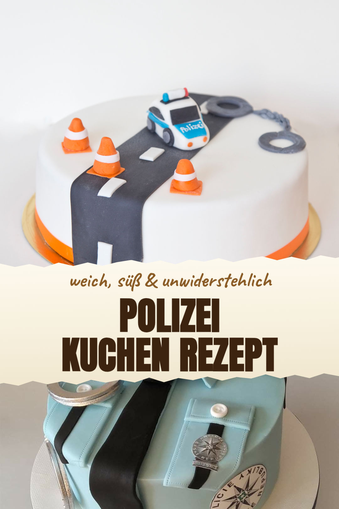 Polizei-Kuchen mit blauem Zuckerguss und Schokoboden fertig serviert