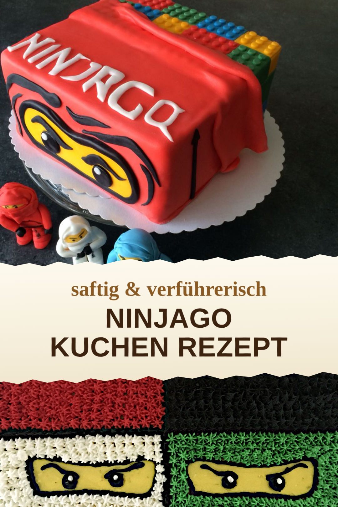 Grüner Ninjago-Schokokuchen mit Ninja-Gesicht