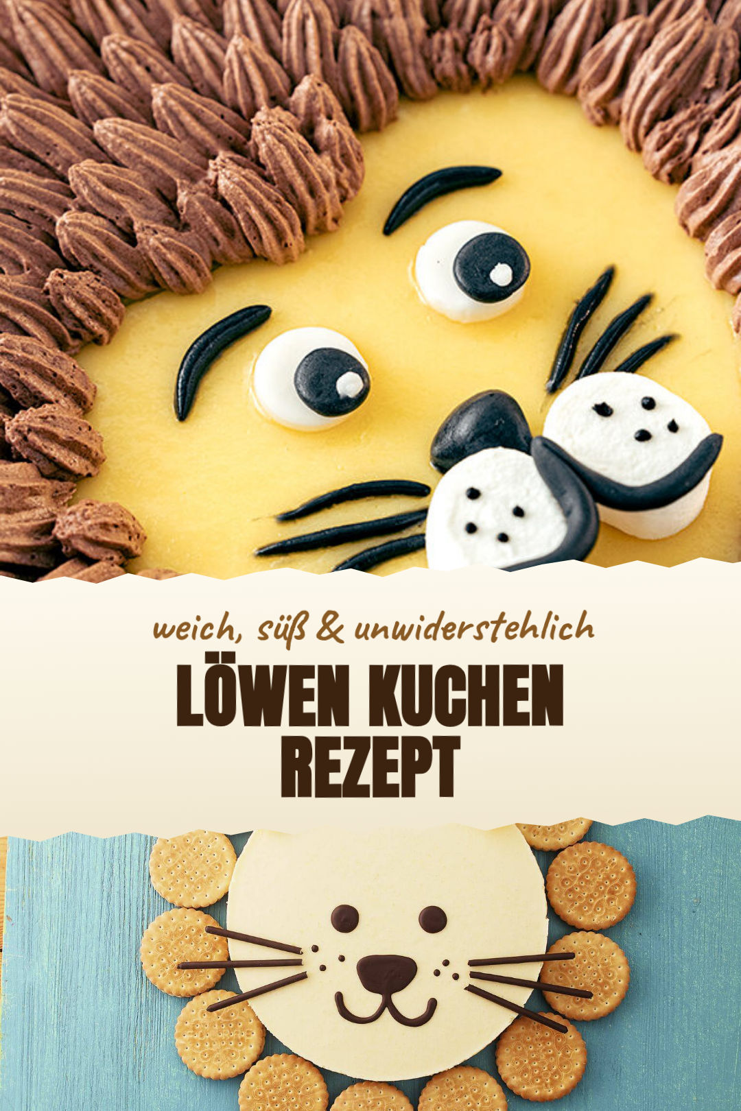 Löwenkuchen-Collage mit gelbem Tiergesicht, Schokoladenmähne und einer zweiten flachen Löwendekoration