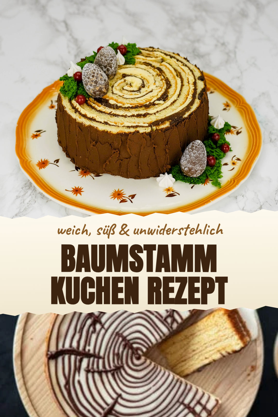 Biskuitrolle als Baumstamm mit Schokocreme