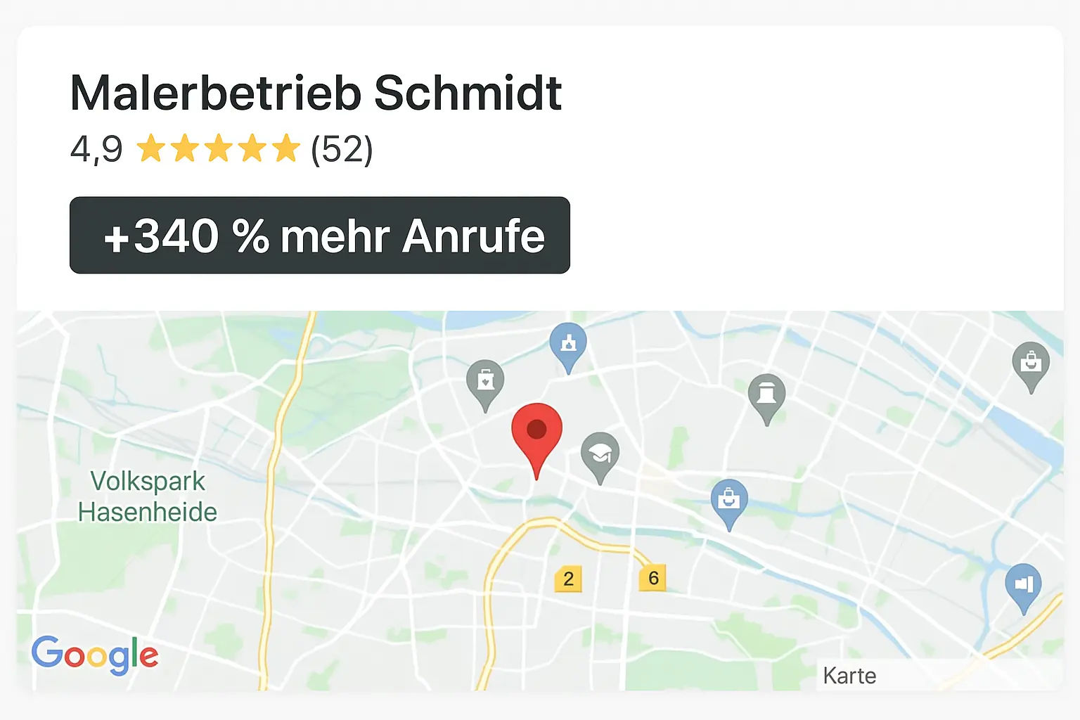 Vorschau einer Google Maps Karte mit einer Visitenkarte eines kundenplus Kunden