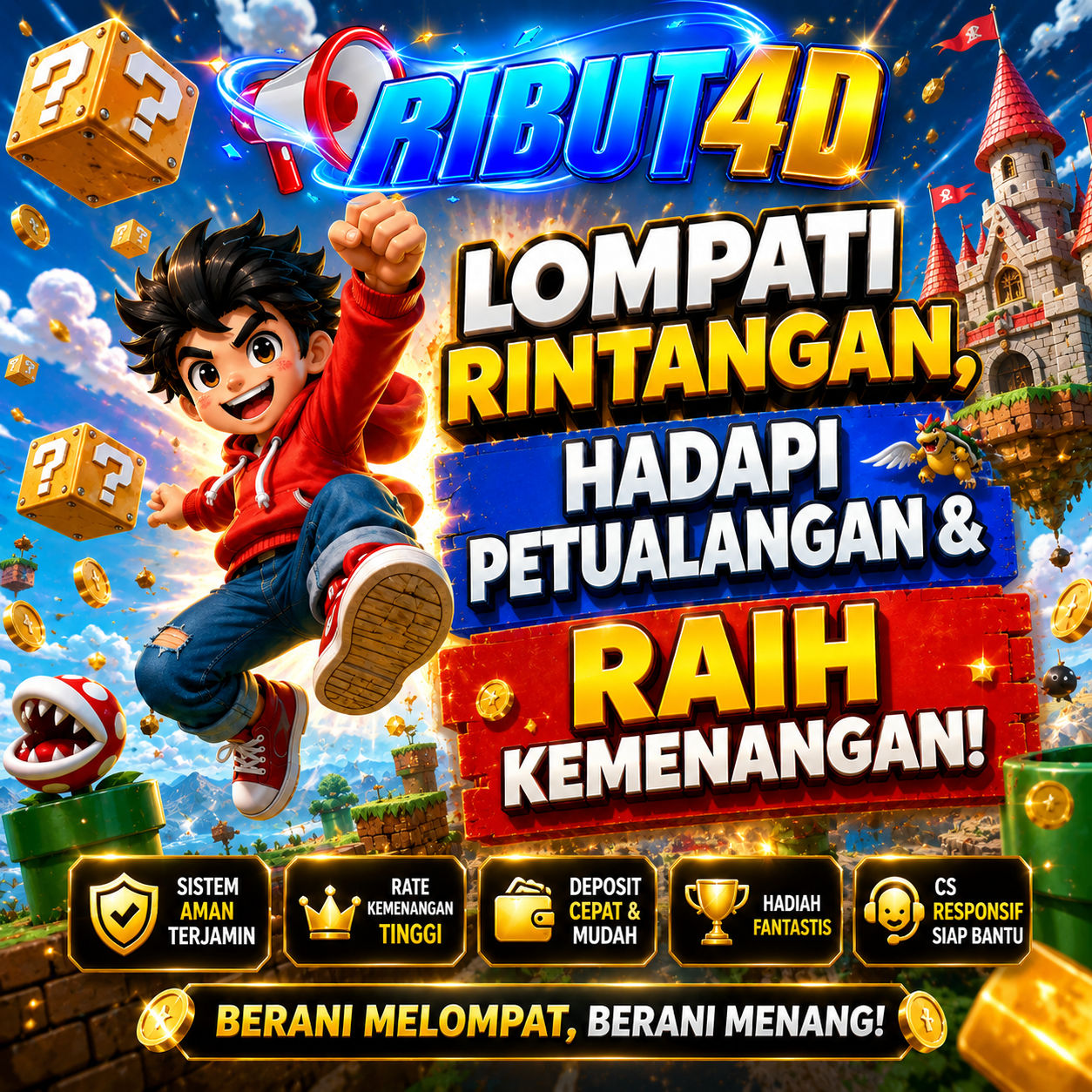 Thumbnail 1 of 3, Poster, RIBUT4D | LOMPATI RINTANGAN, HADAPI PETUALANGAN & RAIH KEMENANGAN designed and sold by RIBUT4D.