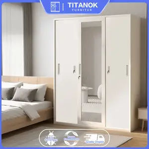 Titanok Official Lemari Pakaian Besi 3 Pintu Sliding Jumbo - 150cm 2 Batang Rak Baju