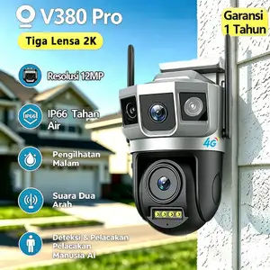 V380 Pro Kamera CCTV 3 Lensa 8MP 4K Outdoor 4G SIM WiFi IP66 Tahan Air Penglihatan Malam Full Color Pelacakan Otomatis