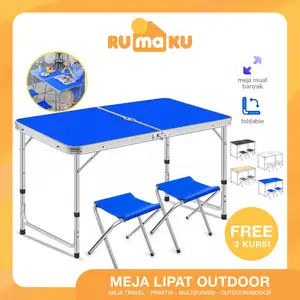 RUMAKU Meja Lipat Jualan Outdoor Piknik Camping Foldable Desk Portable Model Koper Free 2 Kursi