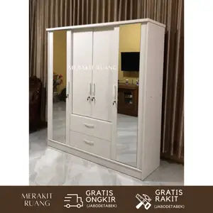 Lemari Pakaian Premium Modern 4 Pintu 2 Laci Dengan Cermin Samping Design Mewah Murah Scandinavian