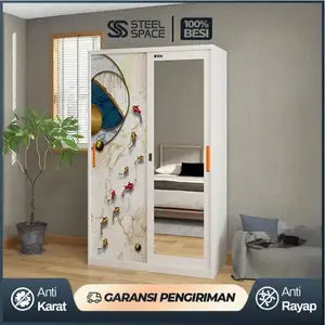 STEEL SPACE Lemari Pakaian Besi Sliding 2 Pintu Full Motif Lemari Baju Cermin dan Wardrobe Minimalis