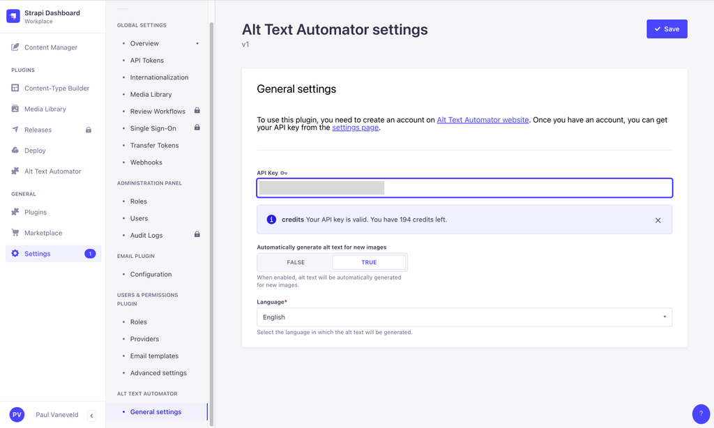 Add API key to Strapi settings
