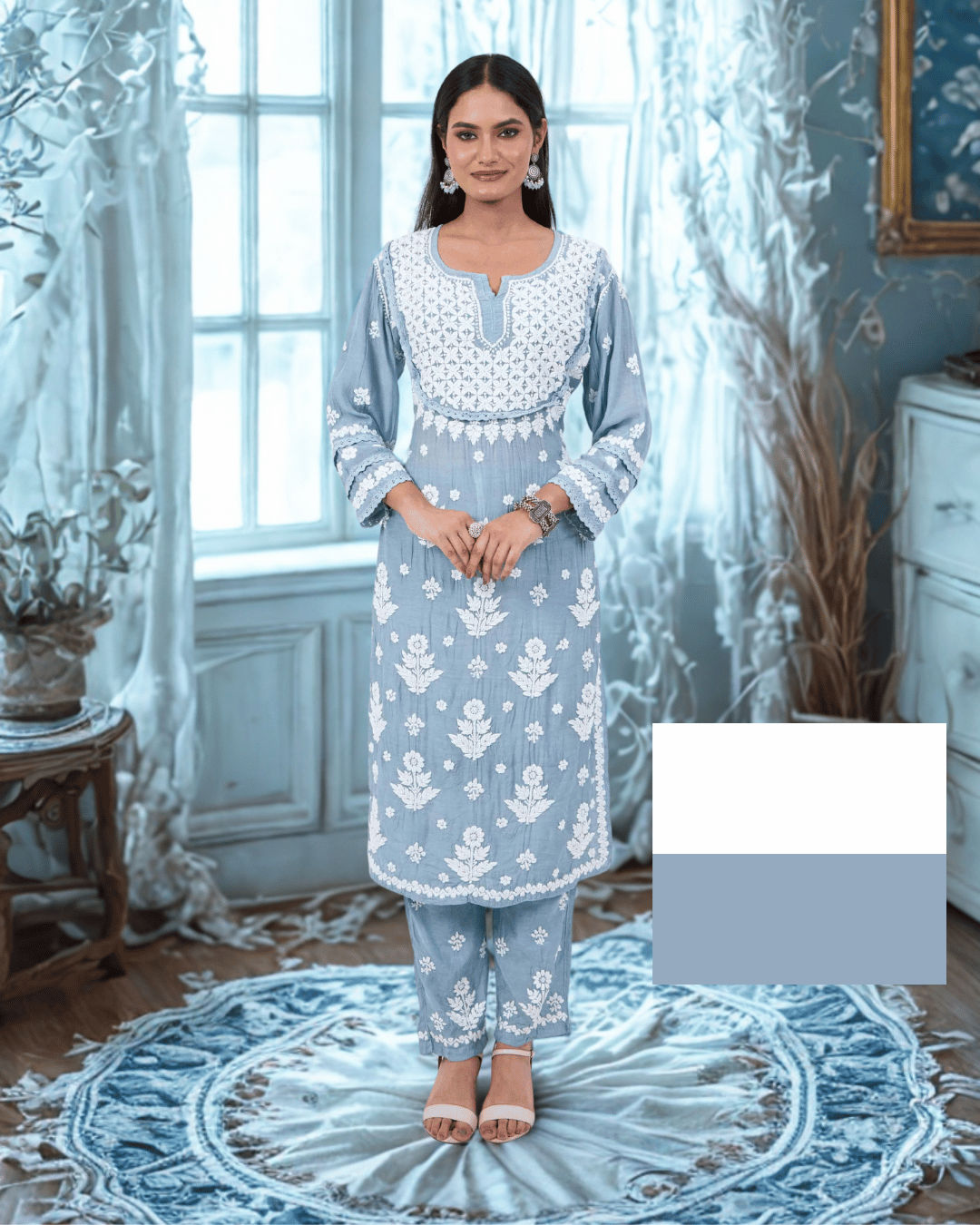 Hoor Cotton Chikankari Kurti with Straight Pants in Blue