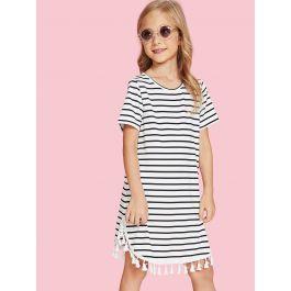 Girls Tassel Hem Striped Tee Dress