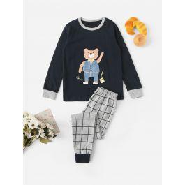 Boys Bear Print Top & Plaid Pants PJ Set