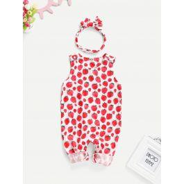 Baby Strawberry Print Jumpsuit & Headband