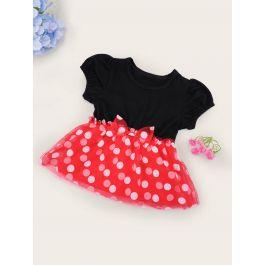 Baby Contrast Mesh Polka Dot Combo Dress