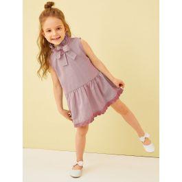 Toddler Girls Tie Frill Neck Lace Trim Dress