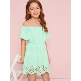 Girls Off Shoulder Scalloped Laser Cut Dress