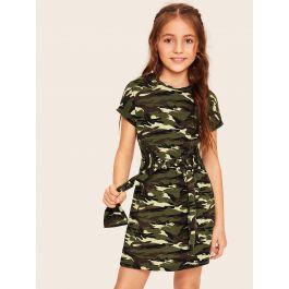 Girls Tie Waist Camouflage Tee Dress