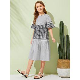 Girls 2 In 1 Frill Trim Gingham & Striped Print Dress