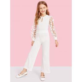 Girls Applique Mesh Sleeve Keyhole Front Jumpsuit