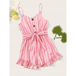 Girls Button Half Placket Ruffle Hem Striped Romper