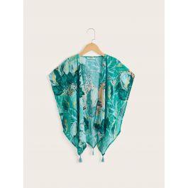 Girls Tassel Detail Asymmetrical Hem Plants Print Kimono