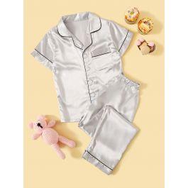 Boys Contrast Binding Button-up Satin Pajama Set