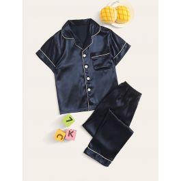 Boys Contrast Binding Satin Shirt & Pants PJ Set