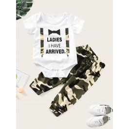 Baby Slogan Print Jumpsuit With Camo Pants