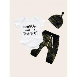 Baby Letter Print Romper & Camo Pants & Hat