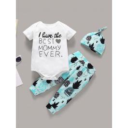 Baby Slogan Print Romper & Geometric Print Pants & Hat