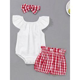 Baby Contrast Lace Romper & Gingham Shorts & Headband