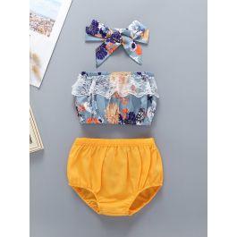 Baby Floral Print Lace Panel Bandeau & Shorts & Headband